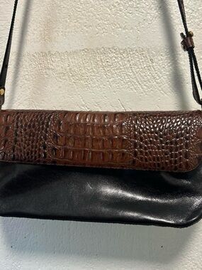 Two-Tone Croc-Textured Leather Shoulder Bag - Brown & Black